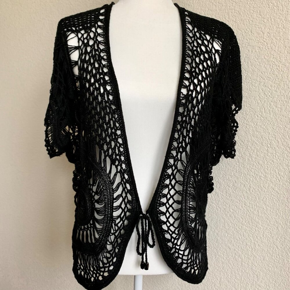 BCBG Black Macrame Tie-Front Short Sleeve Cardigan L